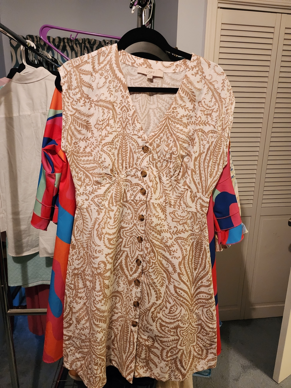 LOFT Cream & Tan Button-Front Linen Dress